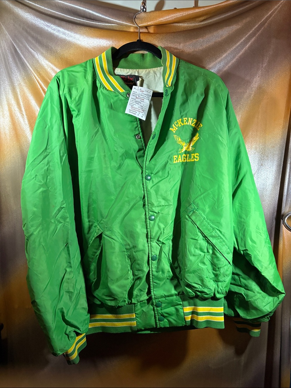 Vintage Pla-Jac Green and Yellow McKenzie Eagles Varsity Jacket. F2